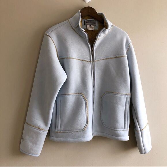 Columbia Shearling Suede Zip Up Thick Long Sleeve Sweater Jacket Blue - Picture 1 of 15